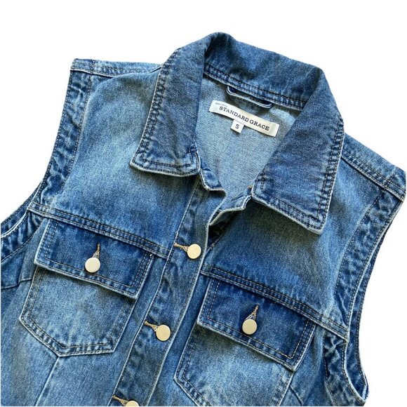 Standard Grace Denim Maxi Dress Button Front Sleeveless with Belt - Picture 3 of 6